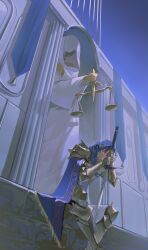  absurdres armor black_hair blue_eyes commentary_request highres holding holding_sword holding_weapon hvaqmmew35 knight korean_commentary long_hair original outdoors scenery shoulder_armor sitting solo statue sword weapon 