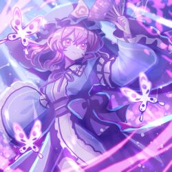  1girl blue_hat blue_kimono bug butterfly closed_mouth commentary_request folding_fan frilled_kimono frills hand_fan hat highres holding holding_fan japanese_clothes kimono long_sleeves looking_at_viewer madeno mob_cap neck_ribbon pink_butterfly pink_eyes pink_hair purple_ribbon ribbon saigyouji_yuyuko sleeve_garter smile solo touhou triangular_headpiece wide_sleeves 