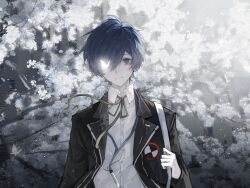  1boy absurdres black_jacket blue_eyes blue_hair bug butterfly butterfly_over_eye chinese_commentary closed_mouth collared_shirt commentary_request gekkoukan_high_school_uniform glowing grey_background hair_over_one_eye highres jacket jia_zhu_zhu long_sleeves looking_at_viewer male_focus neck_ribbon persona persona_3 ribbon school_uniform shirt short_hair smile solo upper_body white_butterfly white_shirt yuuki_makoto_(persona_3) 