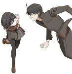  1boy 1girl ahoge araragi_koyomi black_eyes black_hair black_jacket black_necktie black_pants black_skirt brown_footwear eye_contact ichisannyonn jacket long_sleeves looking_at_another monogatari_(series) naoetsu_high_school_uniform necktie open_mouth oshino_ougi pants pleated_skirt profile school_uniform short_hair simple_background skirt 