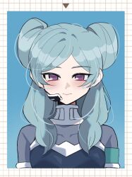  1girl aqua_hair beta_(inazuma_eleven) black_vest blue_background blush bodysuit border breasts closed_mouth double_bun grey_bodysuit hair_bun inazuma_eleven_(series) inazuma_eleven_go inazuma_eleven_go_chrono_stone long_sleeves looking_at_viewer medium_breasts no_pupils portrait seikawa1110 smile solo vest violet_eyes white_border 