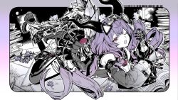  1girl :o ;o arknights arknights:_endfield bare_shoulders book book_stack boots bow breasts demon_girl demon_horns detached_sleeves feet_up flower framed_breasts from_side full_body game_asset gloves greyscale hair_bow headgear highres horns inset_border kyo_zip large_breasts long_hair long_sidelocks looking_at_viewer low_twintails lying monochrome official_art on_stomach one_eye_closed open_book outside_border overskirt purple_flower purple_hair ringlets sidelocks sitting sleepy solo spot_color tail thigh-highs third-party_source twintails typhoeus_(arknights) typhon_(arknights) very_long_hair violet_eyes yawning yokozuwari 