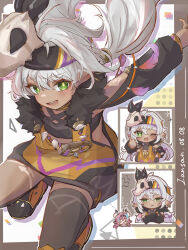  >_< 2girls absurdres ahoge anger_vein animal_ears animal_skull annoyed arm_tattoo blue_hair blush braid character_name chibi commentary_request cow_ears cow_horns crossed_arms dark-skinned_female dark_skin dated earrings floating_hair flying_sweatdrops genshin_impact green_eyes green_pupils grey_hair hair_between_eyes hand_on_own_hip headband highres horns iansan_(genshin_impact) jacket jewelry leg_tattoo long_hair looking_at_viewer multicolored_hair multiple_earrings multiple_girls odaikon_23 one_eye_closed open_mouth outstretched_arm pink_hair pointy_ears shoes single_thighhigh skull skull_on_head smile tattoo thigh-highs thumbs_up twin_braids twintails two-tone_hair varesa_(genshin_impact) very_long_hair 