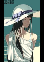 1girl arms_behind_back bare_shoulders black_hair bow closed_eyes closed_mouth collarbone commentary_request copyright_name dress hasshaku-sama hat hat_bow hat_ribbon long_hair nocturnummapo original pillarboxed ribbon smile solo spaghetti_strap sun_hat sundress upper_body white_dress