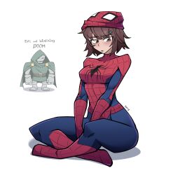  1girl animal_print blue_bodysuit bodysuit breasts brown_eyes brown_hair doctor_doom fantastic_four fez_dipxy gender_transitioning gender_transitioning_(mtf) genderswap genderswap_(mtf) highres marvel mask multicolored_bodysuit peter_parker petra_parker_(otrebot) red_bodysuit short_hair spider-man spider-man_(series) spider_print spider_web_print superhero_costume two-tone_bodysuit 