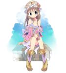  atelier atelier_totori bare_shoulders boots brown_hair frills grey_eyes hat kanikama looking_at_viewer sitting smile solo strap_slip totooria_helmold 