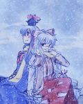  blush fujiwara_no_mokou holding_hands kamishirasawa_keine lowres mizuki_(flowerlanguage) multiple_girls scarf shared_scarf snow touhou 
