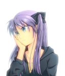  blue_eyes chin_rest darkers expressionless face hair_ribbon hiiragi_kagami lucky_star purple_hair ribbon simple_background solo twintails 
