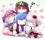  &gt;:3 &gt;_&lt; :&lt; :3 animal_ears biting blue_hair blush brown_hair bunny_ears bunny_tail chibi cirno hat heart highres hong_meiling hug inaba_tewi inubashiri_momiji multiple_girls o_o pink_hair red_hair saigyouji_yuyuko sleeping star tail tokin_hat touhou white_hair wolf_ears wolf_tail x3 yume_shokunin z 