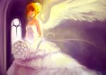  ahoge angel_wings bare_shoulders blonde_hair bouquet bride dress fate/stay_night fate_(series) flower gown saber solo usakes wedding_dress wings 