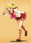  blonde_hair blue_eyes bow female har_bow long_hair miyauchi_lemmy multicolored multicolored_legwear multicolored_socks open_mouth ponytail ribbon school_uniform shiba_murashouji simple_background skirt smile socks solo striped striped_legwear striped_socks to_heart 