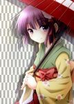  hieda_no_akyuu kimono oriental_umbrella purple_eyes purple_hair ribbon smile solo touhou umbrella 