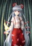  absurdres bamboo bamboo_forest bow deathglasses fire forest fujiwara_no_mokou hair_bow hair_ribbon highres long_hair nature pants red_eyes ribbon silver_hair smirk solo suspenders touhou very_long_hair 