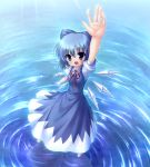  blue blue_eyes blue_hair bow cirno hair_bow outstretched_arm outstretched_hand poni raised_hand short_hair solo takeponi touhou water wings 