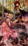  bat_wings bespectacled crescent crescent_moon fire glasses hat head_wings koakuma library long_hair multiple_girls otzer patchouli_knowledge purple_eyes purple_hair red_eyes red_hair redhead touhou violet_eyes wings 