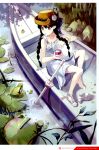  ball bare_shoulders black_hair boat bracelet braid can dress flower frog from_above hat highres jewelry lee_song_yee legs long_hair mouth_hold original red_eyes scan sitting skirt solo spoon twin_braids water white_dress 