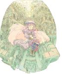  bow capelet closed_eyes dress fisheye frills hair_bow hat imageboard_colors library oekaki open_mouth patchouli_knowledge socks solo touhou voile yuji_(masterpiece) yuji_(pixiv1888395) 