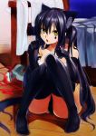  animal_ears black_hair elbow_gloves feet gloves hamunohei hands highres k-on! long_hair nakano_azusa paw_pose shoes shoes_removed sitting solo thigh-highs thighhighs uwabaki very_long_hair yellow_eyes 