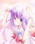  blush bow cat_ears crescent holding long_hair looking_up no_hat no_headwear open_mouth patchouli_knowledge purple_eyes purple_hair shichinose solo touhou veil violet_eyes 