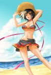  bikini black_hair breasts brown_eyes choker fire gien hand_on_hat hat highres koihime_musou large_breasts legs mali ocean open_mouth ribbon ribbon_choker sand sarong shin_koihime_musou short_hair sky solo straw_hat swimsuit thighs wink 