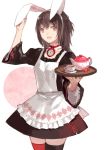  1girl animal_ears apron brown_eyes brown_hair candy choker cotta cup maid mismatched_legwear rabbit_ears solo stopwatch teacup teapot thighhighs tray watch zettai_ryouiki 