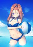  bikini blue_eyes breasts cleavage dragon_quest dragon_quest_vi earrings forehead high_ponytail highres jewelry mahito ocean ponytail red_hair redhead solo swimsuit water wet 