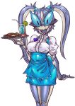 blue_eyes breasts crab food monster_girl multicolored_hair tagane tray twintails uniform waitress 