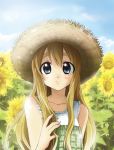  blue_eyes dress flower hat k-on! kotobuki_tsumugi long_hair solo straw_hat sunflower tomo_(rocket_start!) 