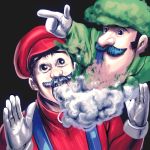  2boys facial_hair gloves hat luigi mario super_mario_bros. masao multiple_boys mustache pointing super_mario_bros. what 