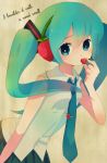  aqua_eyes aqua_hair ayu_(mog) bad_id blush earmuffs engrish food fruit hatsune_miku headphones holding holding_fruit long_hair necktie ranguage ruchiru solo strawberry twintails vocaloid 