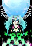  absurdres aqua_hair bad_id barefoot bridal_gauntlets closed_eyes hatsune_miku hatsune_miku_(append) highres komai-nue legs long_hair miku_append musical_note navel necktie smile solo thigh-highs thighhighs twintails very_long_hair vocaloid vocaloid_append 