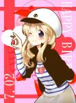  blonde_hair blue_eyes food fruit hat highres holding holding_fruit k-on! kotobuki_tsumugi listen!! mitsuki_meiya sailor_hat shirt solo strawberry striped striped_shirt 