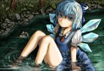  bad_id barefoot blouse blue_eyes blue_hair bow cirno dress face looking_up nature ribbon river shaun_(fallenicons) short_hair sitting solo submerged sweatdrop touhou water wet wet_clothes wings 