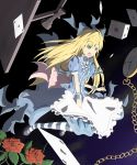  alice_in_wonderland blonde_hair bow card chain chess colored dice falling_card flower green_eyes hair_bow highres long_hair nogisaka_kushio nogizaka_kushio pocket_watch rose solo watch 