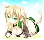  blonde_hair breasts cleavage dog_ears dog_tail eating fantasy_earth green_eyes kuu_(0427) ponytail tail 