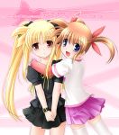  blonde_hair blue_eyes brown_hair engrish fate_testarossa friends hug mahou_shoujo_lyrical_nanoha mahou_shoujo_lyrical_nanoha_the_movie_1st multiple_girls ranguage red_eyes smile sumeragi_kou takamachi_nanoha thighhighs 