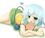  bare_shoulders blue_hair blush casual crossed_arms green_eyes komeiji_koishi lying midriff miniskirt mokana_natsumi no_hat no_headwear on_stomach open_mouth short_hair skirt solo strap_slip touhou 