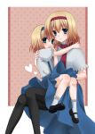  alice_margatroid alice_margatroid_(pc-98) bad_id black_legwear black_pantyhose blonde_hair blue_eyes blush capelet carrying hairband mary_janes multiple_girls pantyhose polka_dot polka_dot_background princess_carry shoes short_hair sitting socks time_paradox tottoto_tomekichi touhou touhou_(pc-98) white_legwear 