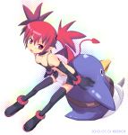  demon_wings disgaea earrings etna gloves highres jewelry kazuboh pointy_ears prinny red_eyes red_hair redhead tail thigh-highs thighhighs tongue twintails wings 