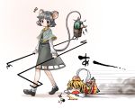  /\/\/\ animal_ears blonde_hair broken bucket cheese chibi dowsing_rod eating fallen_down fenne green_hair grey_hair hair_bobbles hair_ornament highres jeweled_pagoda kisume looking_back mouse_ears mouse_tail musical_note nazrin phenne red_eyes short_hair speed_lines tail tears toramaru_shou touhou twintails 