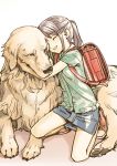  1girl backpack bag brown_hair character_request closed_eyes dog golden_retriever hug open_mouth randoseru shiba_itsuki skirt smile squatting 