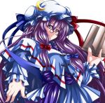  book bow capelet crescent crescent_moon frills glasses hat long_hair patchouli_knowledge purple_eyes purple_hair ribbon ruffles sash solo touhou very_long_hair violet_eyes yoiti 