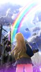  blonde_hair cloud from_behind from_below k-on! kotobuki_tsumugi lens_flare railroad_crossing rainbow skirt sky solo sun umbrella 