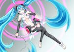  bad_id barefoot blue_eyes blue_hair bridal_gauntlets hand_on_chest hand_on_own_chest hatsune_miku hatsune_miku_(append) highres jyuusimatu legs lips long_hair lying miku_append navel necktie solo thigh-highs thighhighs twintails very_long_hair vocaloid vocaloid_append 