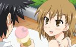  black_hair brown_eyes brown_hair face food ice_cream kamijou_touma misaka_mikoto open_mouth smile to_aru_kagaku_no_railgun to_aru_majutsu_no_index wata 