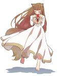  anklet apple barefoot biting blush brown_hair dress feet food fruit hands holo jewelry long_hair pouch red_eyes s.o_chin solo sotin spice_and_wolf tail wolf_ears wolf_tail 