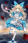  alice_(wonderland) alice_in_wonderland apron blonde_hair blue_eyes frills glycyrrhizae hair_ribbon highres mary_janes ribbon shoes solo spoon 