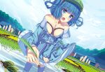  1girl blue_dress blue_eyes blue_hair blue_sky blush boots breasts clouds collarbone dress grass hair_bobbles hair_ornament hat highres kawashiro_nitori key long_sleeves no_bra open_mouth plant pocket rice_paddy rubber_boots short_hair skirt sky smile solo touhou twintails underwear xiaoai 