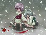  blood expressionless green_eyes green_hair japanese_clothes kimono komeiji_koishi komeiji_satori minamura_haruki multiple_girls pink_eyes pink_hair protect rough short_hair siblings sisters sitting sketch snow standing tears touhou wariza young yukata 