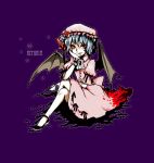  blue_hair character_name crossed_legs cup hat kyuso red_eyes remilia_scarlet short_hair sitting solo teacup touhou wings 